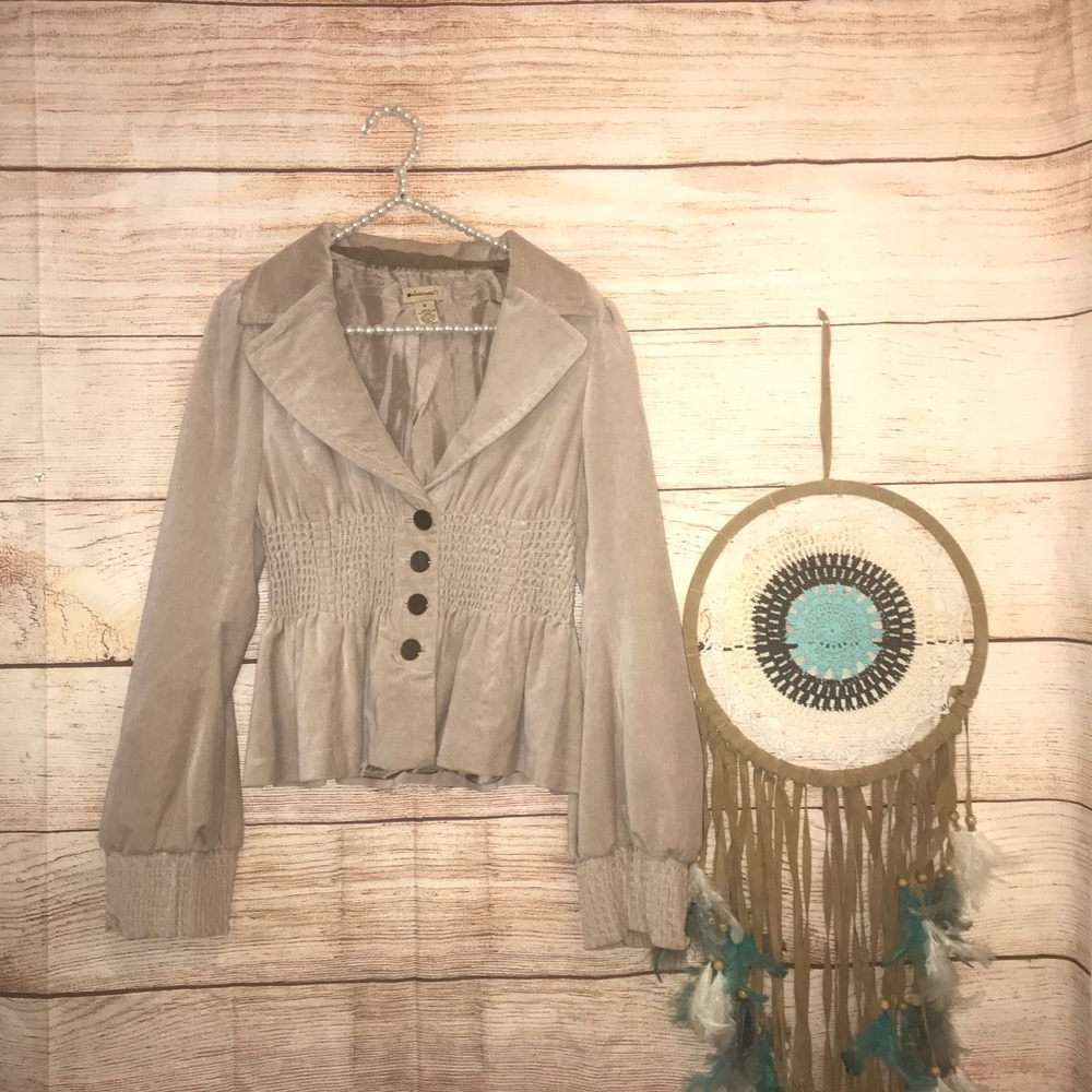 Anthropologie Beige Suede-Look Peplum Jacket